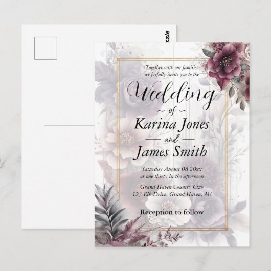 Elegante paarse, roze en kastanjebruine bloemenbru briefkaart (Voorkant / Achterkant)