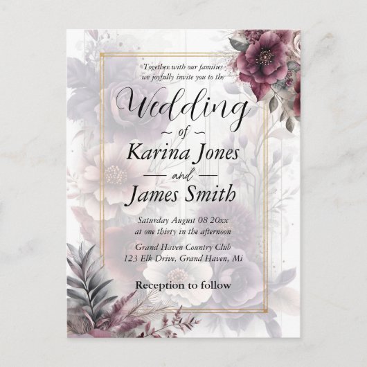 Elegante paarse, roze en kastanjebruine bloemenbru briefkaart (Voorkant)