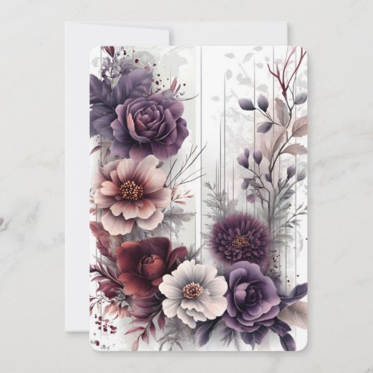 Elegante paarse, roze en kastanjebruine bloemenbru kaart (Achterkant)