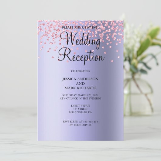 Elegante Paarse Roze Glitter Trouwreceptie  Kaart (Staand voorkant)