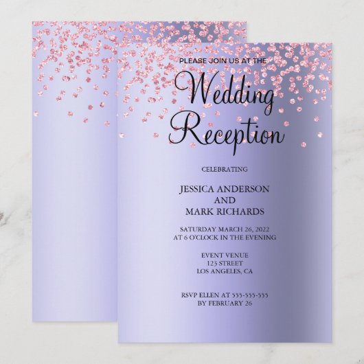 Elegante Paarse Roze Glitter Trouwreceptie  Kaart (Voorkant / Achterkant)