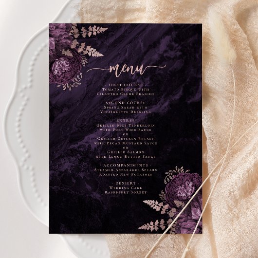 Elegante Paarse Roze Gouden Bloemige Bruiloft Menu