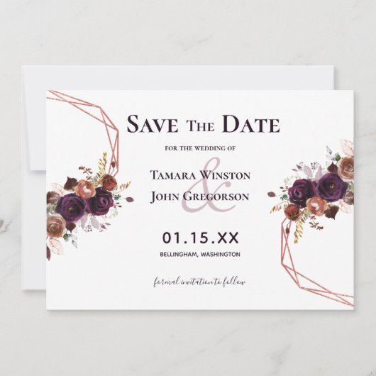 Elegante Paarse Roze Gouden Bloemige Geometrische  Save The Date (Voorkant)