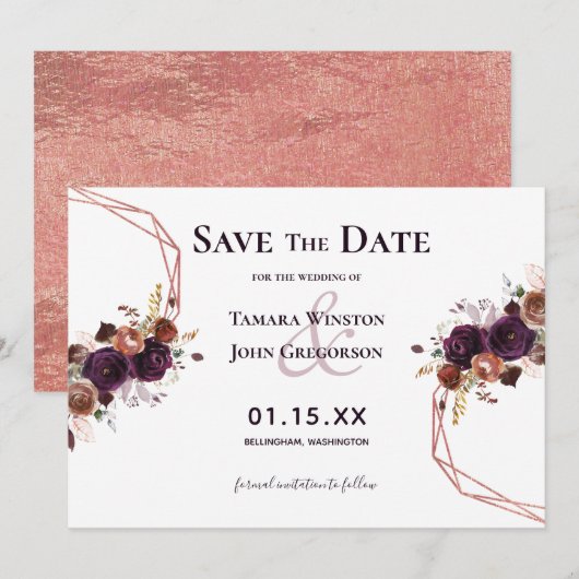 Elegante Paarse Roze Gouden Bloemige Geometrische  Save The Date (Voorkant / Achterkant)