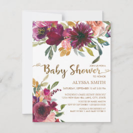 Elegante Paarse Roze Gouden Bloemrijke Script Baby Kaart
