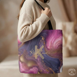 Elegante Paarse Roze Gouden Vloeibare Marmer Agaat Tote Bag