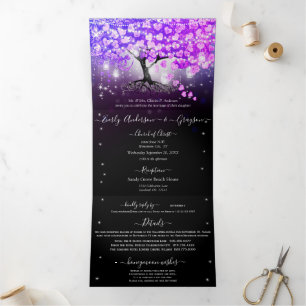 Elegante Paarse Roze Hart Blad Trouw Tri-Fold Drieluik Uitnodiging