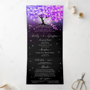 Elegante Paarse Roze Hartblad Trouw Tri-Fold Drieluik Uitnodiging