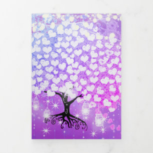 Elegante Paarse Roze Hartblad Trouw Tri-Fold Drieluik Uitnodiging