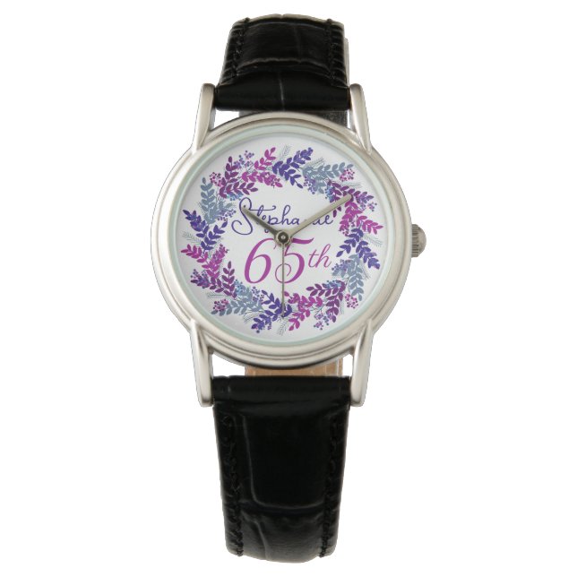 Elegante Paarse Roze Krans 65e Verjaardag Horloge (Voorkant)