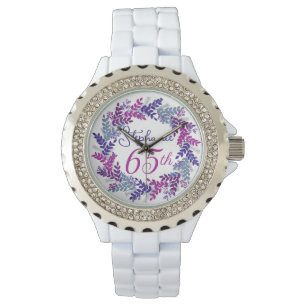 Elegante Paarse Roze Krans 65e Verjaardag Horloge