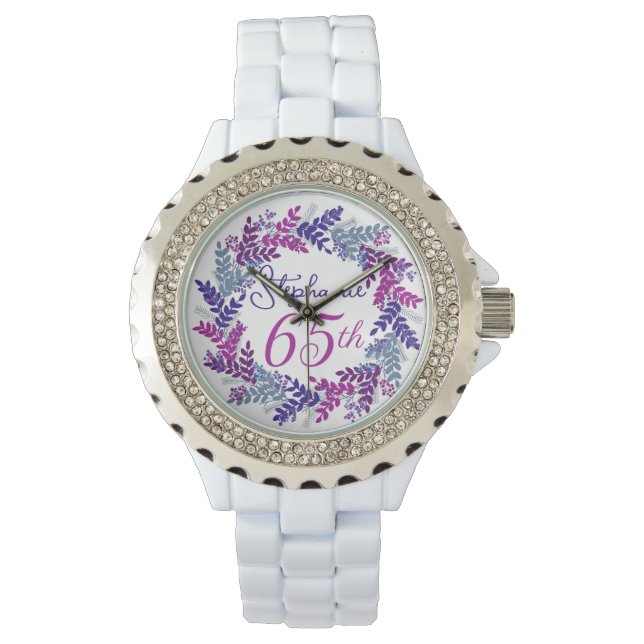 Elegante Paarse Roze Krans 65e Verjaardag Horloge (Voorkant)