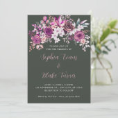 Elegante Paarse Rozen Bloemen Donkergroene bruilof Kaart (Staand voorkant)