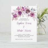 Elegante Paarse Rozen Bloemen Witte Bruiloft Kaart (Staand voorkant)