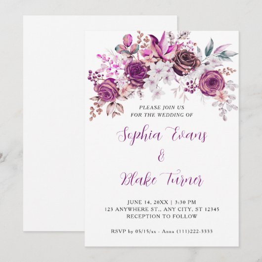 Elegante Paarse Rozen Bloemen Witte Bruiloft Kaart (Voorkant / Achterkant)