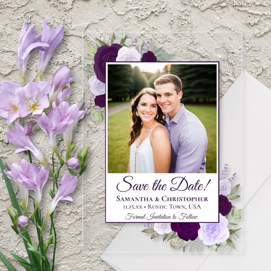 Elegante Paarse Rozen bruiloft Save the Date Foto Acryl Uitnodigingen