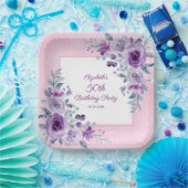 Elegante Paarse Rozen Glitter Roze Bloemen Verjaar Papieren Bordje (Feest)