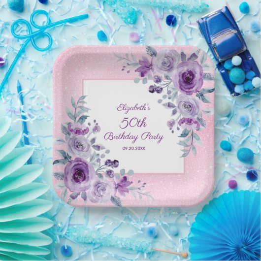 Elegante Paarse Rozen Glitter Roze Bloemen Verjaar Papieren Bordje (Feest)