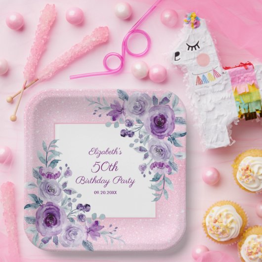 Elegante Paarse Rozen Glitter Roze Bloemen Verjaar Papieren Bordje (Feest)