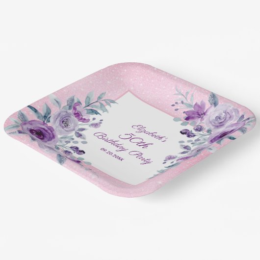 Elegante Paarse Rozen Glitter Roze Bloemen Verjaar Papieren Bordje (Gebogen)