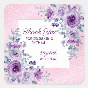 Elegante Paarse Rozen Glitter Roze Bloemen Verjaar Vierkante Sticker