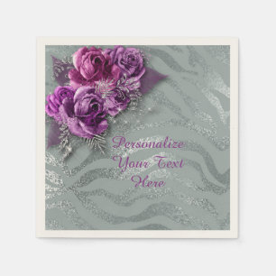 Elegante Paarse Rozen Silver Glitter Personaliseer Servet