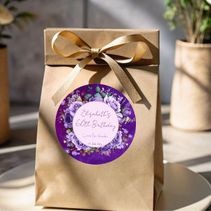 Elegante paarse rozen verjaardagsfeest met monogra ronde sticker
