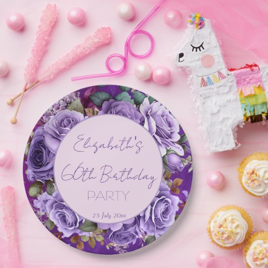 Elegante paarse rozen verjaardagsfeest monogrammed papieren bordje (Feest)