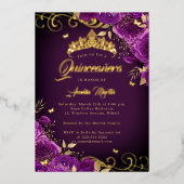 Elegante Paarse Rozen wervelgoud Quinceanera Folie Uitnodiging (Voorkant)