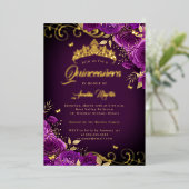 Elegante Paarse Rozen wervelgoud Quinceanera Folie Uitnodiging (Staand Voorkant)