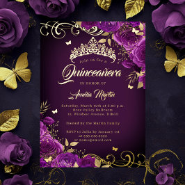 Elegante Paarse Rozen wervelgoud Quinceanera Folie Uitnodiging