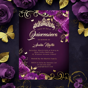 Elegante Paarse Rozen wervelgoud Quinceanera Folie Uitnodiging