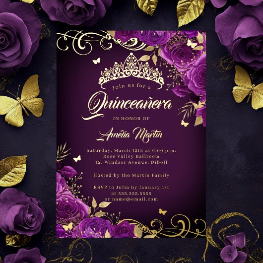 Elegante Paarse Rozen wervelgoud Quinceanera Folie Uitnodiging