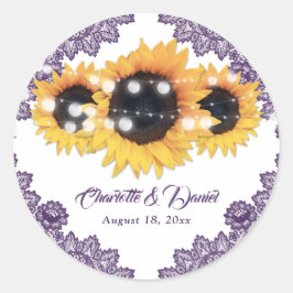 Elegante Paarse Rustieke BloemLace Zonnebloem Brui Ronde Sticker