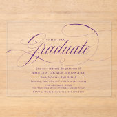 Elegante Paarse Script Graduation Party Acryl Uitnodigingen (Voorkant)