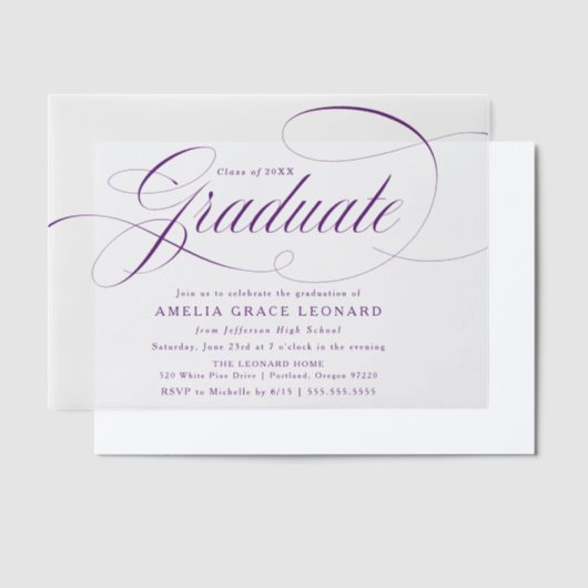 Elegante Paarse Script Graduation Party Vellum Uitnodigingen (Offset)