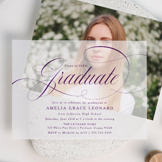 Elegante Paarse Script Graduation Party Vellum Uitnodigingen