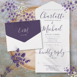 Elegante Paarse Script Minimalistische Trouwkaart  All In One Uitnodiging