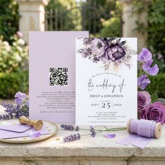 Elegante Paarse Sering Bloem QR Code Bruiloft Kaart