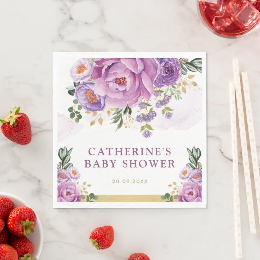 Elegante paarse seringenbloemen groen baby shower servet (Insitu)