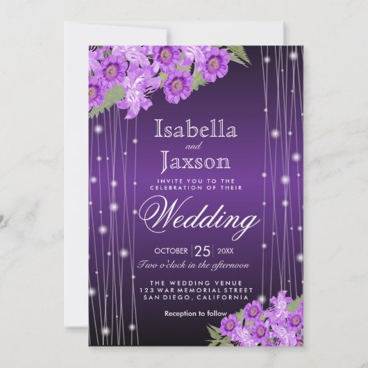 Elegante Paarse snaarlichten bloemenbruiloft Kaart (Voorkant)