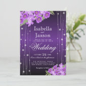 Elegante Paarse snaarlichten bloemenbruiloft Kaart (Staand voorkant)