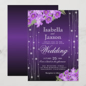 Elegante Paarse snaarlichten bloemenbruiloft Kaart (Voorkant / Achterkant)