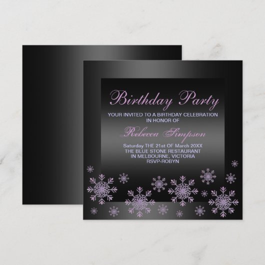 Elegante Paarse Sneeuw & Zwarte Verjaardagsuitnodi Kaart (Voorkant / Achterkant)