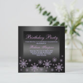 Elegante Paarse Sneeuw & Zwarte Verjaardagsuitnodi Kaart (Staand voorkant)