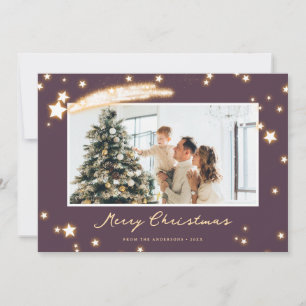 Elegante Paarse Sparkly Star Foto Kerstmis Kaart