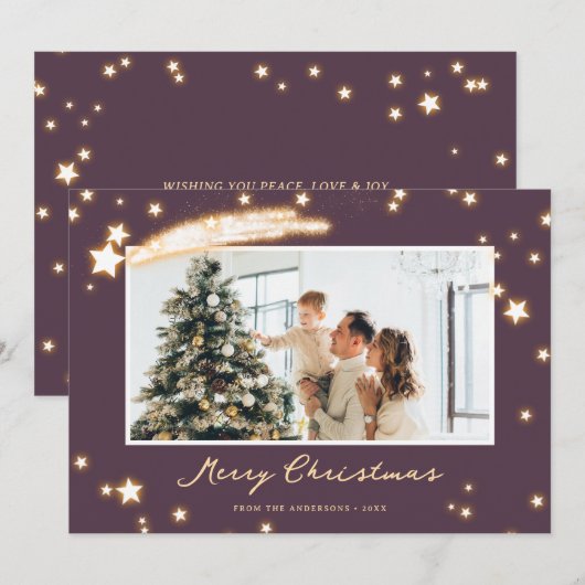 Elegante Paarse Sparkly Star Foto Kerstmis Kaart (Voorkant / Achterkant)