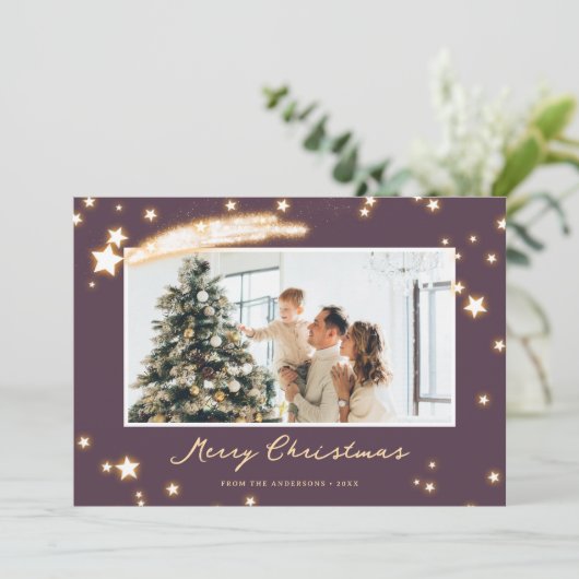 Elegante Paarse Sparkly Star Foto Kerstmis Kaart (Staand voorkant)