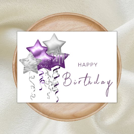 Elegante Paarse sterrenballonnen Modern Happy Birt Kaart