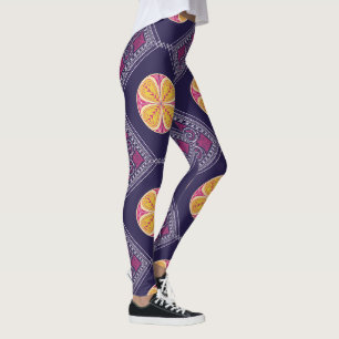 Elegante Paarse stof met geel bloemmotief Leggings
